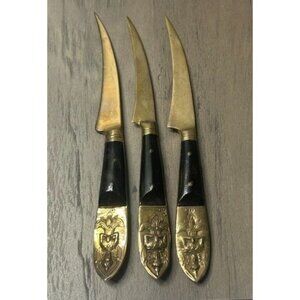 Vintage Siam Thailand Buddha Brass & Teak Wood 1950s MCM Mini Flatware Knife Set